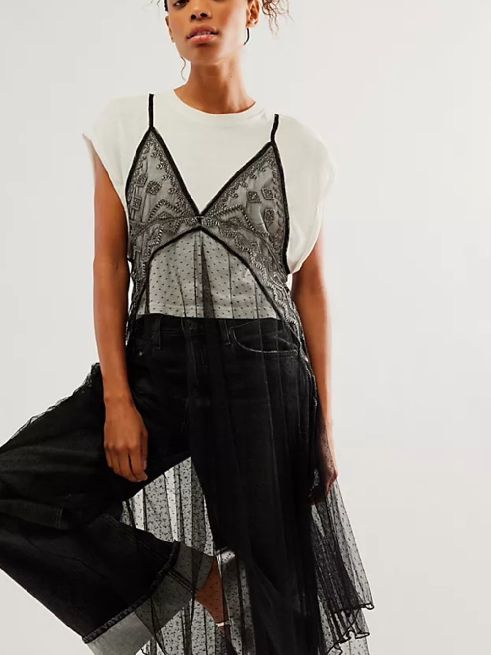 NWT Free People Black Sheer Lace Slip Camisole Overlay Size L Sold out on line